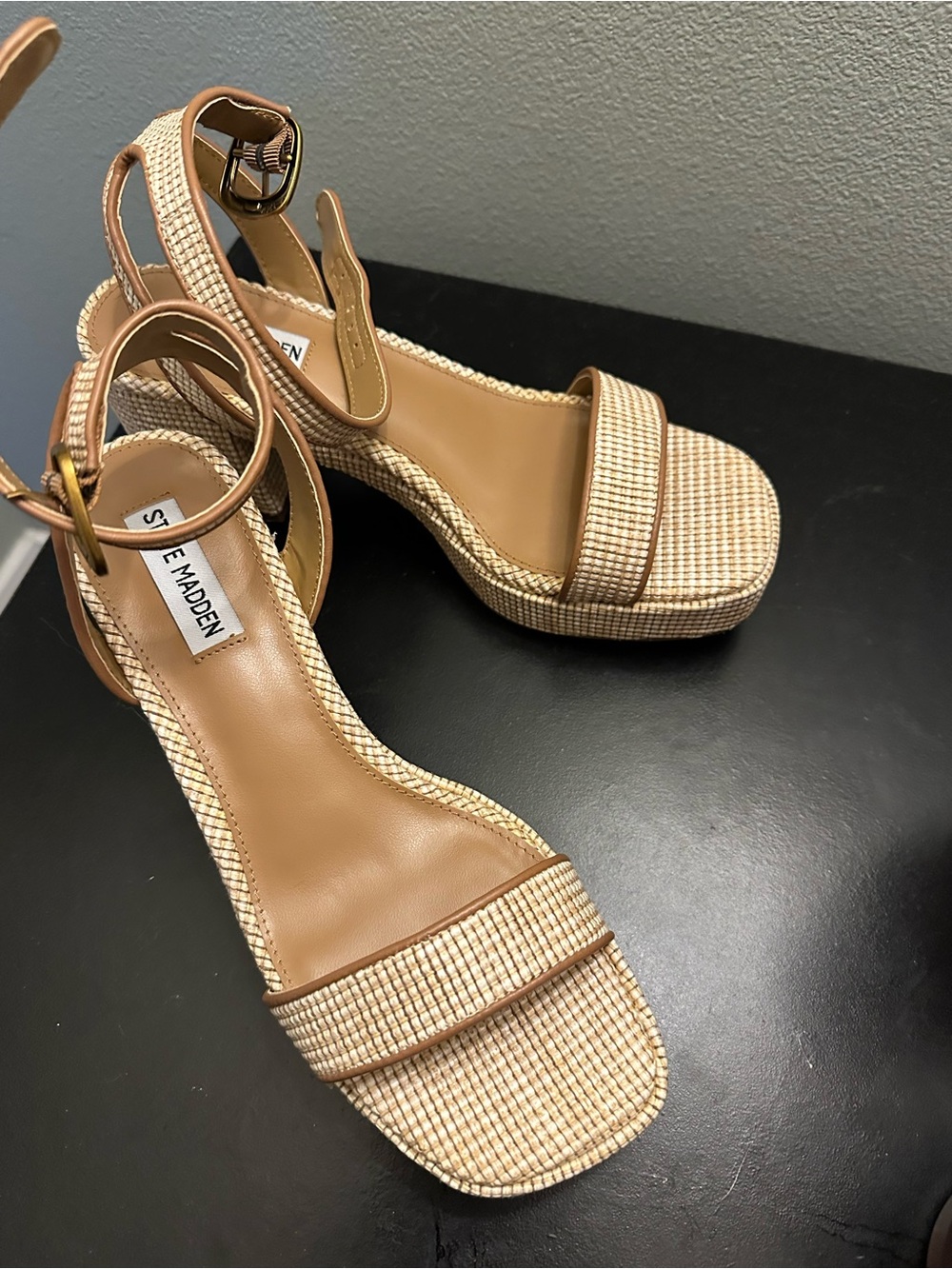 Steve Madden Woven Tan Platform Sandals with Ankle Strap